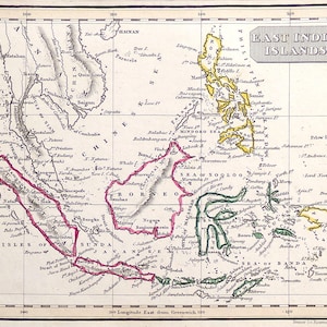 May include: An antique-style map titled East India Islands, featuring hand-colored outlines of Sumatra, Borneo, and the Philippines. The map includes detailed geographical labels, latitude and longitude grid lines, and a cream-colored background.