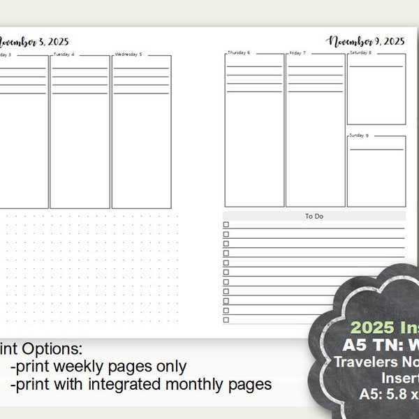 2025 A5 Travelers Notebook Weekly Inserts, A5 TN Weekly Insert, A5 Travelers Notebook Printable, A5 TN Insert, A5 TN Weekly Bullet Journal