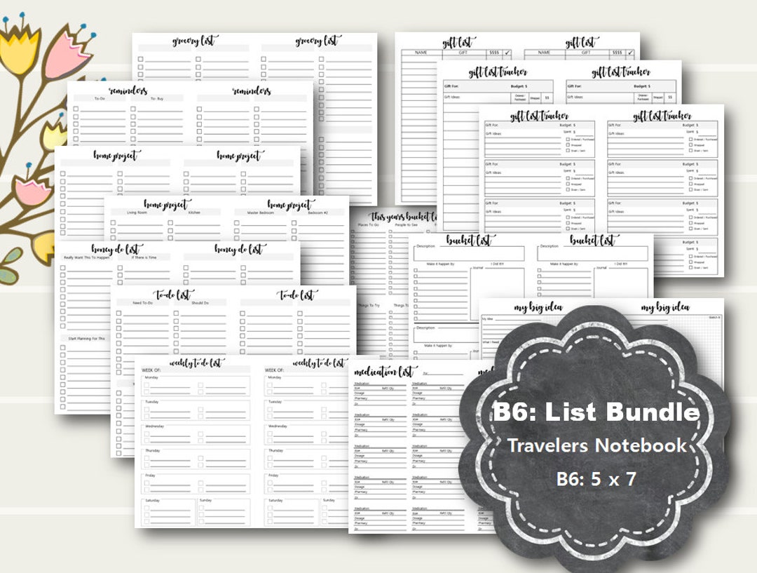 B6 TN List Printables, B6 Tn Planner Printable Inserts, B6 Travelers ...