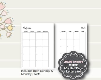 2026 Monthly Planner Printable, Monthly Planner Insert, Monthly Planner Pages, A5 planner insert, Half Page, Letter, A4, Filofax, Kikki K