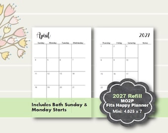 2027 Happy Planner Mini Monthly Inserts, Sunday/Monday Start (Digital Download), Fits Happy Planner Mini, Mini MO2P Insert