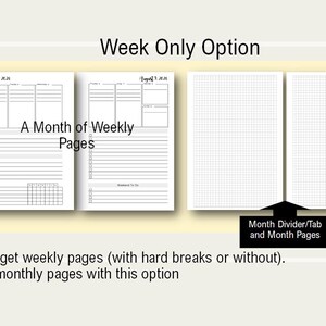 May include: A planner page layout showing a weekly spread with a "Week Only Option" title. The page includes a section for "A Month of Weekly Pages" and a section for "Month Divider/Tab and Month Pages".
