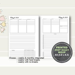 May include: A printed A5 (5.8 x 8.3 inches) planner insert with weekly and monthly integrated layouts. The insert includes sections for daily tasks, tracking, and a 'To Do' list. The text on the insert reads 'May 17, 2027' and 'May 25, 2027'.