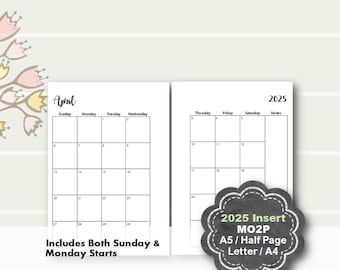 2025 Monthly Planner Printable, Monthly Planner Insert, Monthly Planner Pages, A5 planner insert, Half Page, Letter, A4, Filofax, Kikki K