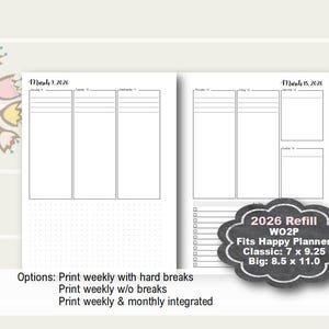 Planificador semanal imprimible Happy Planner 2026, inserto de planificador semanal, insertos clásicos de Happy Planner, inserto semanal grande de Happy Planner