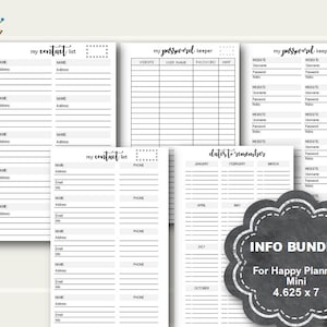 Happy Planner Mini Information Inserts, Happy Planner Mini Contact Insert, Contacts Insert, Contact List, Password Keeper