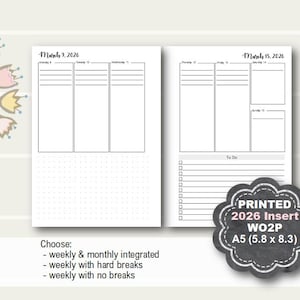PRINTED 2026 Weekly Planner Insert, Weekly Planner Printed 2026, Monthly Planner Inserts, A5 planner inserts, Weekly Insert, refill, Filofax