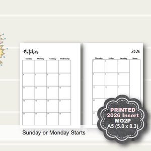 PRINTED 2026 Monthly Planner Insert, Monthly Planner Insert Printed, A5 planner inserts printed, Planner Refill, Filofax, Kikki K