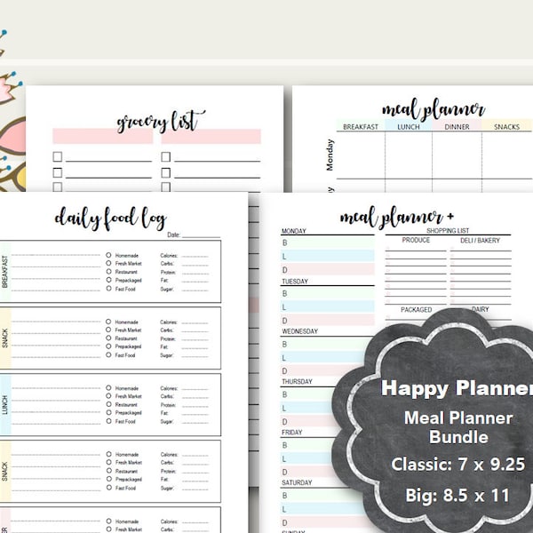 Happy Planner Meal Planner Inserts, Menu Planning, Grocery List, Calorie Tracker, Food Log, Happy Planner Classic, Happy Planner Big Inserts