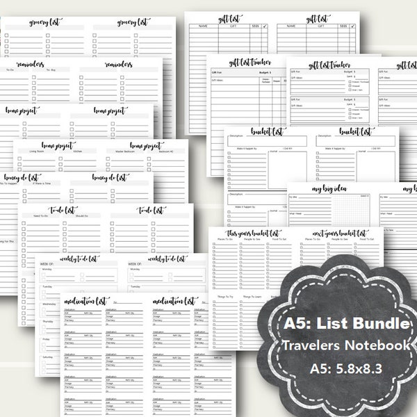 A5 TN List Printables, Travelers Notebook Printable Inserts, A5 TN Printable, A5 TN Inserts, Gift List, To Do List, Medication List, more!