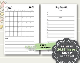 PRINTED 2025 Monthly Planner Insert, Monthly Planner Inserts Printed, A5 planner inserts, printed A5 inserts, Filofax, Kikki K