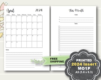 PRINTED 2024 Monthly Planner Insert, Monthly Planner Inserts Printed, A5 planner inserts, A5 monthly printed inserts, Filofax, Kikki K