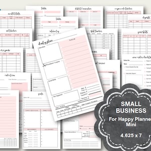 Könnte beinhalten: Ein Satz druckbarer Planerseiten, die für kleine Unternehmen konzipiert sind. Die Seiten sind in Schwarzweiß mit rosa Akzenten und beinhalten Abschnitte für tägliche Aufgaben, Ziele, Einnahmen und Ausgaben, Bestellformulare und mehr. Die Seiten sind für einen Happy Planner Mini konzipiert, der 11,75 cm x 17,78 cm groß ist.