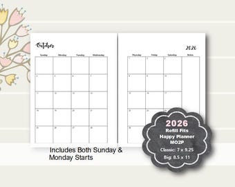 2026 Happy Planner Monthly Planner Printable, Monthly Planner Insert, Happy Planner Classic Inserts, Happy Planner Big Monthly Insert