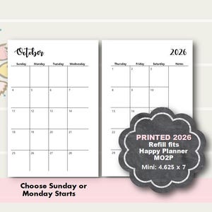 PRINTED 2026 Fits Happy Planner Mini, Mini Monthly Planner Insert, Monthly Planner Insert, PRINTED Happy Planner Mini, Mini Hapy Planner