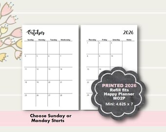 PRINTED 2026 Fits Happy Planner Mini, Mini Monthly Planner Insert, Monthly Planner Insert, PRINTED Happy Planner Mini, Mini Hapy Planner