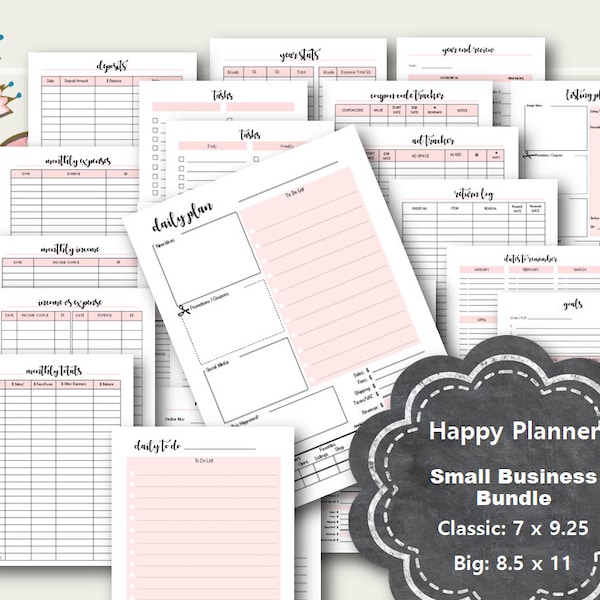 Utskriftbara affärsmaterial för Happy Planner, Inkomster och utgifter, Verktyg för småföretag, Happy Planner Classic, Happy Planner Big, Beställningsformulär