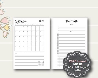 2026 Monthly Planner Printable, Monthly Planner Insert, Monthly Planner Pages, A5 planner insert, MO1P, Half Page, Letter, Filofax, Kikki K
