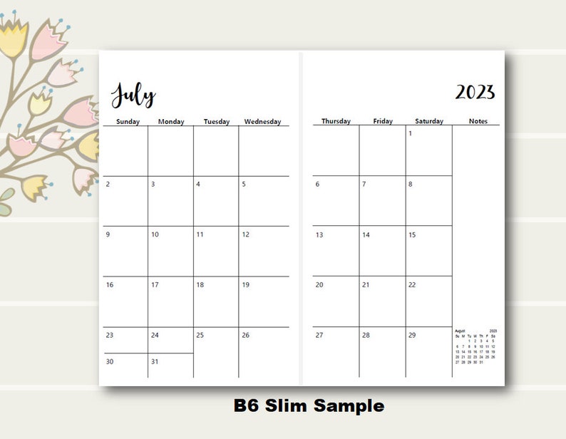 2023 B6 TN Monthly Planner Printable B6 TN Monthly Planner | Etsy