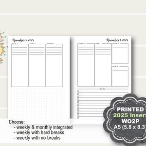 PRINTED 2025 Weekly Planner Insert, Weekly Planner Printed 2025, Monthly Planner Inserts, A5 planner inserts, Weekly Insert, refill, Filofax