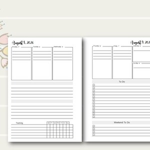 May include: A printable weekly planner with sections for Monday through Sunday, a to-do list, and a weekend to-do list. The planner also includes a section for tracking with a grid for each day of the week.