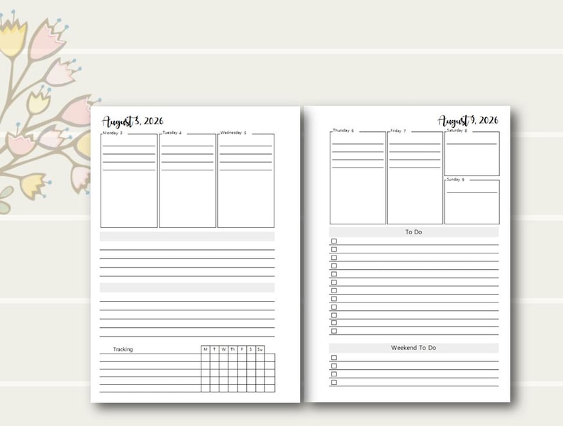 May include: A printable weekly planner with sections for Monday through Sunday, a to-do list, and a weekend to-do list. The planner also includes a section for tracking with a grid for each day of the week.