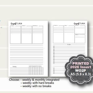 Printed 2026 Weekly Planner Insert, A5 Planner Refill