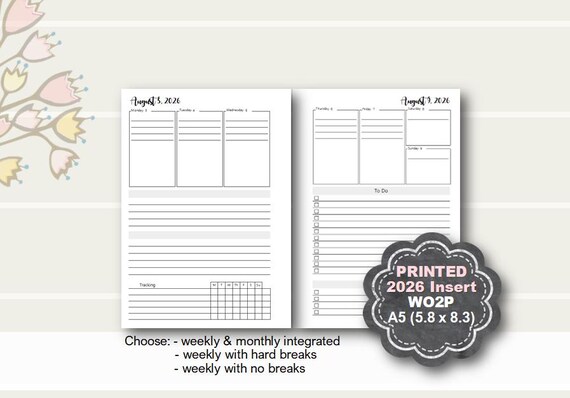 Printed 2026 Weekly Planner Insert, A5 Planner Refill