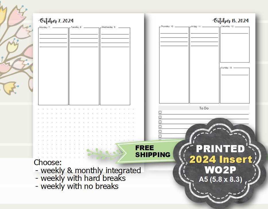 Flower A5 Filofax Printed inserts /weekly planner Refills planner  inserts/monthly/daily/to do