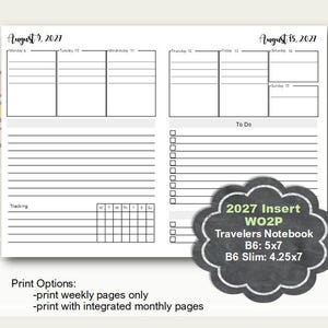 2027 B6 TN Weekly Planner Printable, B6 Slim tn Weekly Planner Insert, B6 Travelers Notebook, B6 inserts, b6 Slim inserts, Monthly Insert