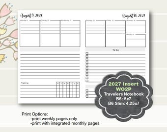 2027 B6 TN Weekly Planner Printable, B6 Slim tn Weekly Planner Insert, B6 Travelers Notebook, B6 inserts, b6 Slim inserts, Monthly Insert