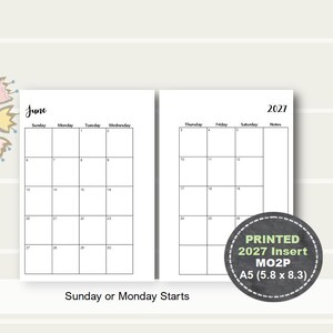 May include: A printed 2027 insert for a planner, featuring a monthly calendar layout for June and a second page with the 2027 calendar. The insert is A5 size, measuring 5.8 x 8.3 inches. The text "Sunday or Monday Starts" is also included.