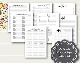 INFO Planner Printable Inserts, Contact List, Password Keeper, Dates Log, Notes, A5 planner insert, Half Page, Letter, A4, Filofax, Kikki K