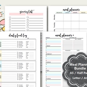 MEAL PLANNER Printable, Menu Planner Inserts, A5 planner inserts, Half Page, Letter, A4, Meal Tracker, Daily Food Log, Filofax, Kikki K