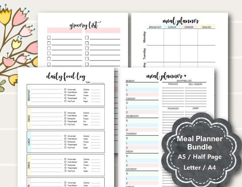 MEAL PLANNER Printable, Menu Planner Inserts, A5 Planner Inserts, Half ...