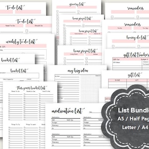 List Planner Printables, Planner Lists, List Inserts, Gift List, Medication, A5 planner inserts, Half Page, Letter, A4,  Kikki K, Filofax