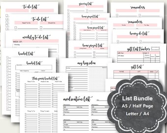 List Planner Printables, Planner Lists, List Inserts, Gift List, Medication, A5 planner inserts, Half Page, Letter, A4,  Kikki K, Filofax