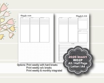 2026 Weekly Planner Printable, weekly planner pages 2026, weekly planner insert, A5 planner insert, Half Page, Letter, A4, Filofax, Kikki k