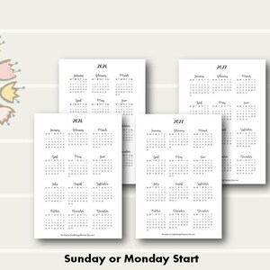 May include: Four printable calendar pages for the years 2020, 2021, 2022, and 2023. Each page features a full year calendar with months displayed in a grid format. The calendars are designed for either a Sunday or Monday start.