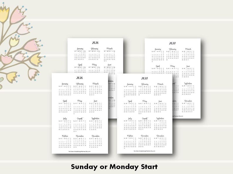 May include: Four printable calendar pages for the years 2020, 2021, 2022, and 2023. Each page features a full year calendar with months displayed in a grid format. The calendars are designed for either a Sunday or Monday start.