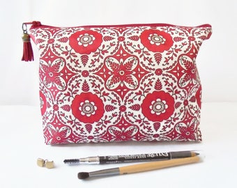 Gifts for her, Wash bag, red, boho, red madallion, travel bag, cosmetic bag, zip bag, make up bag.