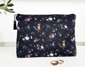 Botanical canvas makeupbag,wash bag,womens gift ideas,dark florals toiletries bag,cosmetics bag,zipper pouch,canvas.