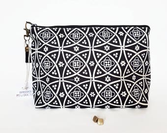 Gifts for her, Wash bag,tile print,travel bag,cosmetic bag,zip bag,make up bag,black and cream.