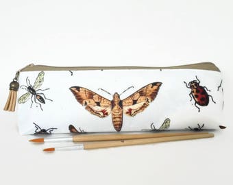 Art gifts, Insect print, pencil pouch, brush bag, art gift, student gift, teacher gift, moths, bugs, beetles, dragonflies.