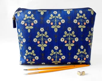 Gifts for her, Victorian inspired print, Navy blue, zipper bag, makeup pouch, cosmetic storage, travel bag.