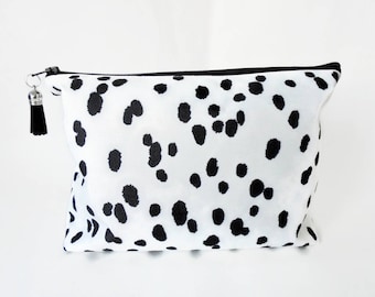 Gifts for her, Dumpy Wash bag, Dalmatian print, Boxy bag, cosmetic bag, zip bag, make up bag.