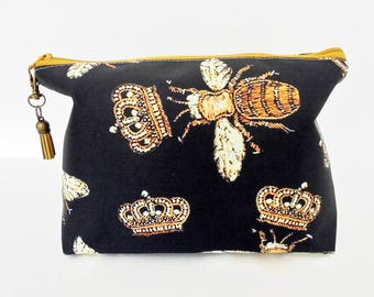 Canvas Wash bag, black and gold bees, bee species, cosmetic bag, zip bag, make up bag.