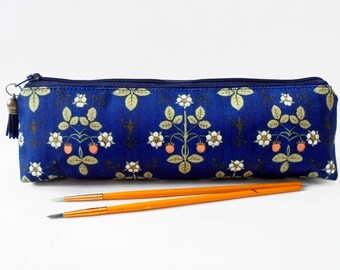 Art gifts, Victorian inspired, navy blue strawberry, mascara bag, pencil pouch, brush bag, art gift, student gift, teacher gift, pen pouch.