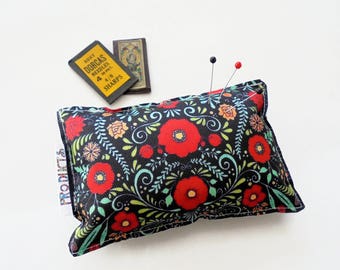 Sewing Gift, Canvas Pin cushion, Red Folky Floral, seamstress, tailor, crafter, desk tidy