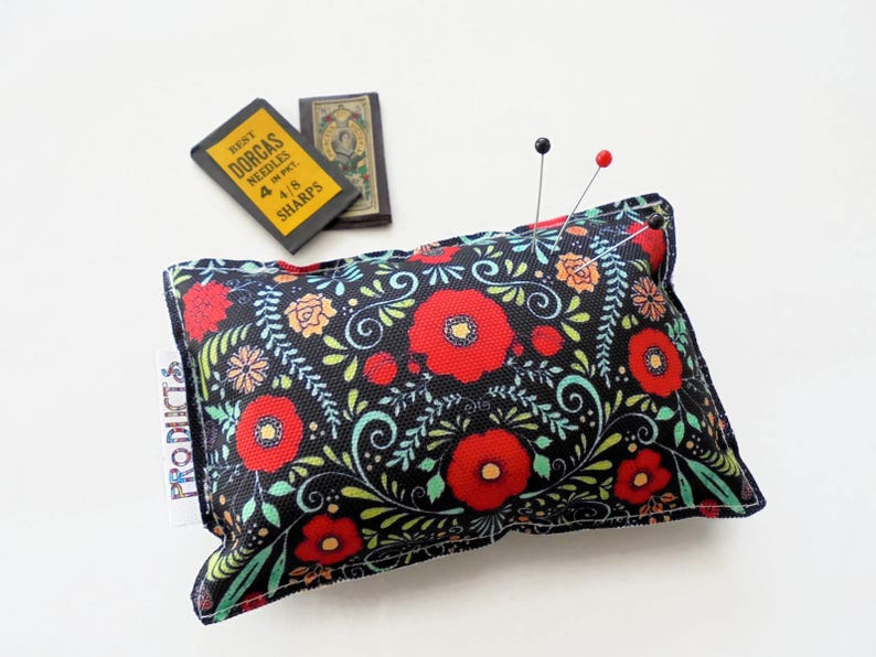 Sewing Gift, Canvas Pin cushion, Red Folky Floral, seamstress, tailor, crafter, desk tidy image 1